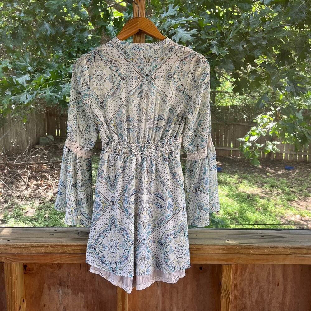 Free People Paisley Moonlight Mini Dress Long Bell Sleeves Blue Printed Size 4 - Picture 3 of 7